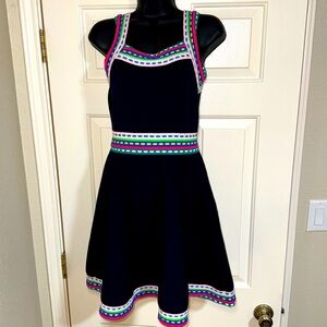 Milly Woven Trim Scoop Flare Dress Halter Black Multicolor Dress. Size S